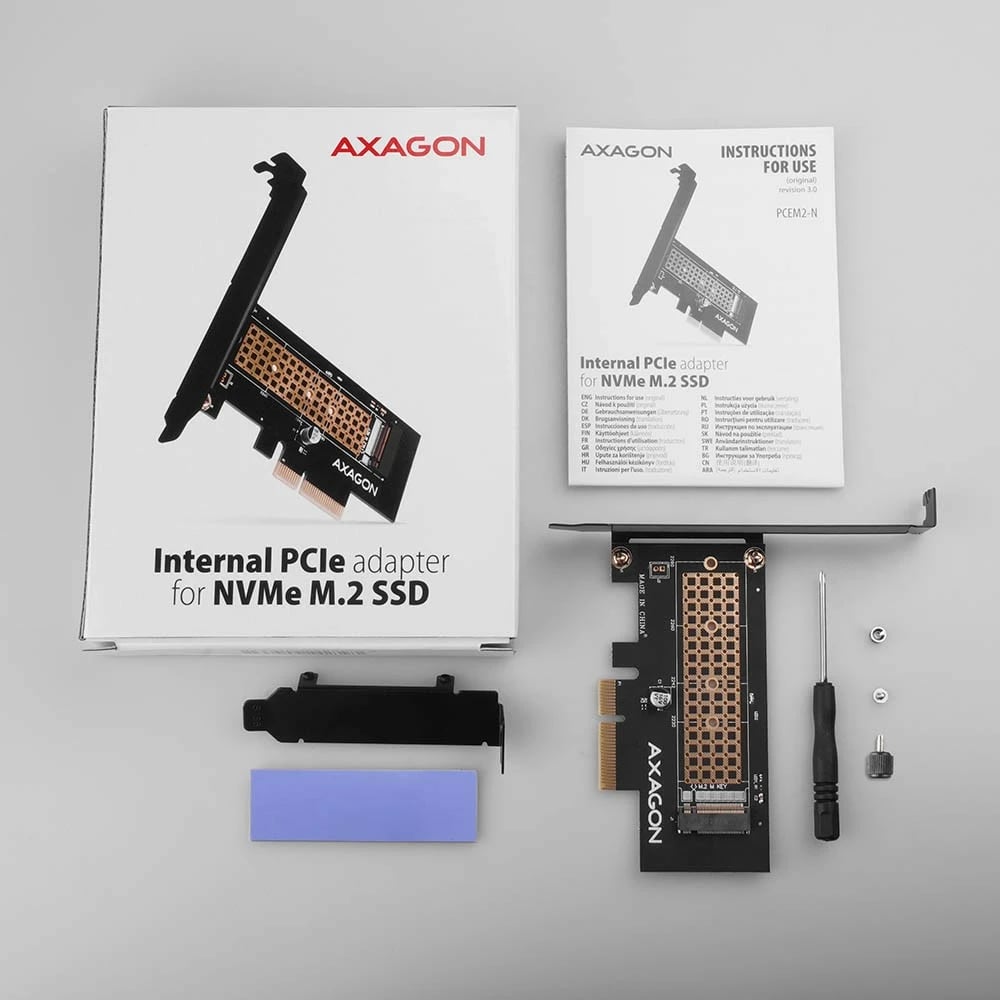 Adapter PCIe AXAGON PCEM2-N për SSD M.2 NVMe, me kapak standard dhe low-profile, i zi