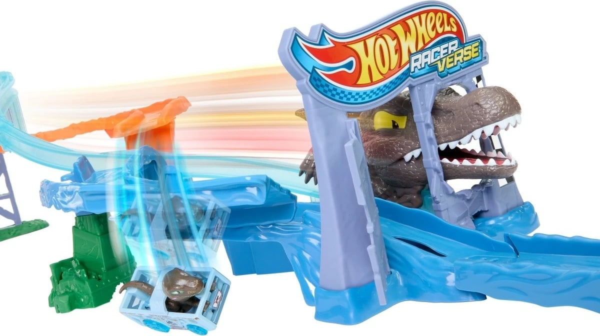 Set loje Hot Wheels RacerVerse Jurassic World Marine Dinosaur Chase Track, Velociraptor, shumëngjyrësh