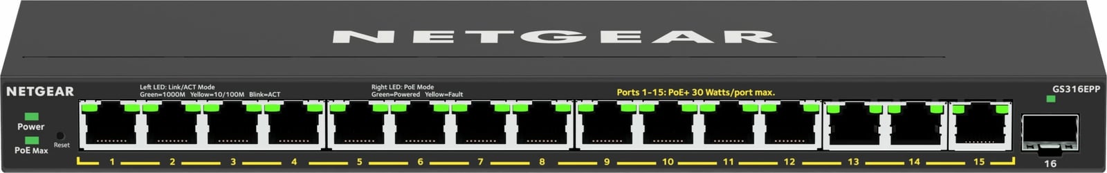 Switch NETGEAR GS316EPP, 16-Porta, PoE+, Gigabit Ethernet, i zi