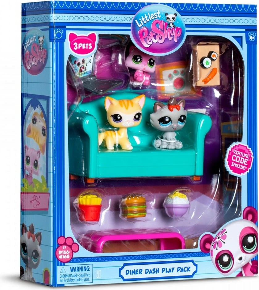 Set figurina, Littlest Pet Shop, LPS00636 Diner Dash Play Pack Snack Time, 3 kafshë + 7 aksesorë, me kod virtual