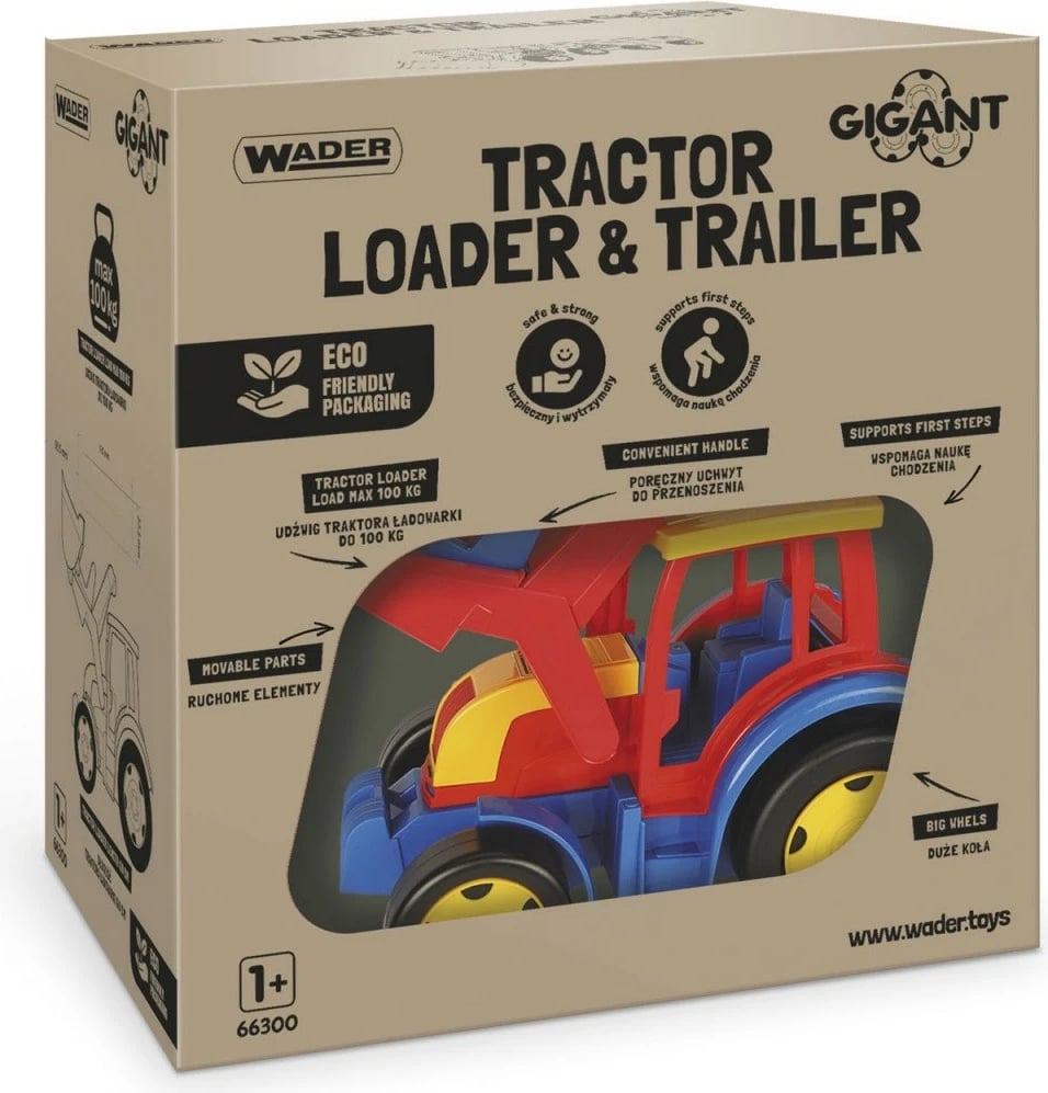 Traktor lodër me rimorkio Wader Gigant 117 cm, plastikë, blu, kuqe, verdhë
