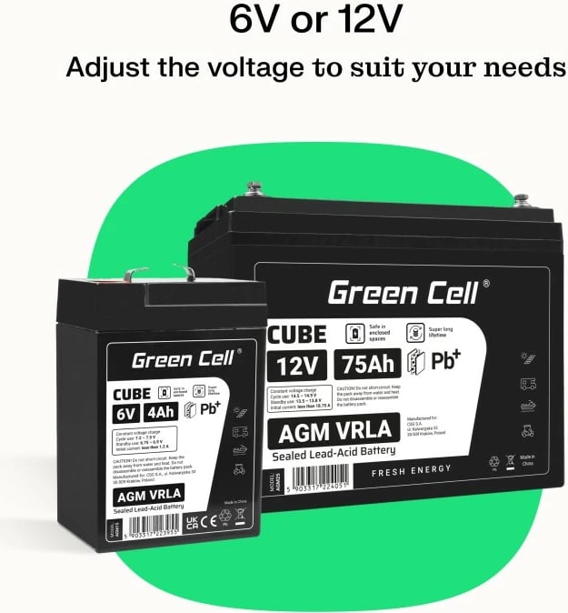 Bateri AGM VRLA, Green Cell, AGM6V4AH-J, 6V 4Ah, IP54, 101x70x47 mm, e zezë