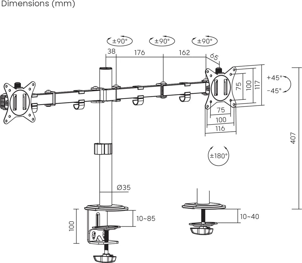 Mbajtës tavoline për 2 monitorë Maclean MC-754N, VESA 75x75 dhe 100x100, 17-32", i zi