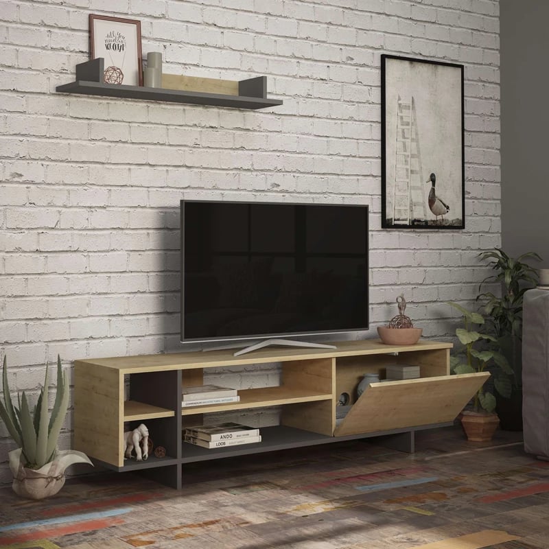 Njësi TV Saloon, ngjyrë gri e errët-lisi, 160x35.5x44cm