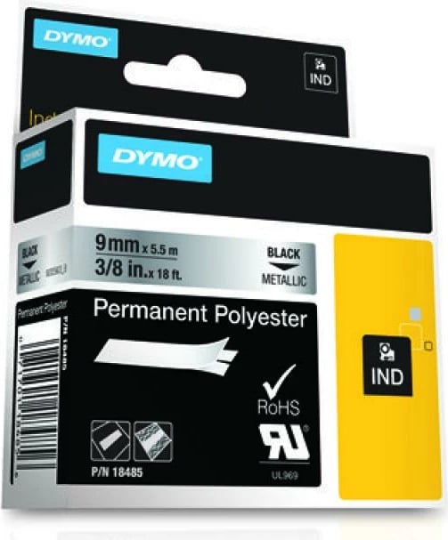 shirit etiketimi industrial, Dymo, 18485, poliester i përhershëm 9mm x 5.5m, i zi metalik