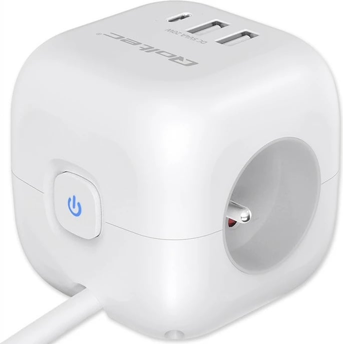 Kasë Qoltec 52547, 3x AC, 2x USB, 1x USB-C PD 20W, 2m, Bardhë