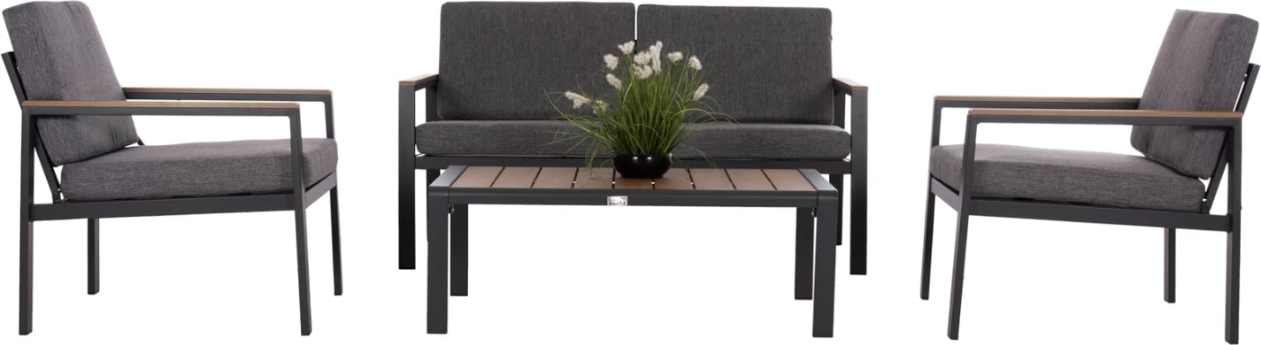 Set lounge për jashtë, 4 pjesë, alumin & stof OLEFIN, ngjyrë gri e errët, polywood, SAFIN FH6278.03