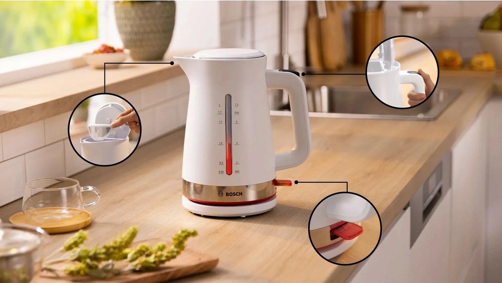 Çajnik Bosch TWK4M221, 1.7 L, 2400 W, Bardhë