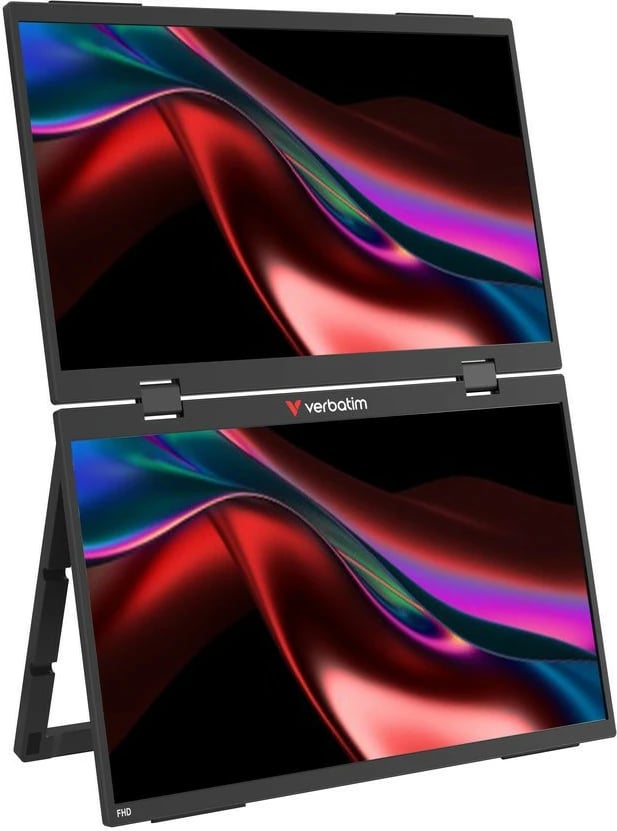Monitor portabël me prekje dual, Verbatim, GMVE32403PLG, 2x 15.6" Full HD 60Hz IPS, altoparlantë të integruar, VESA 75, i zi