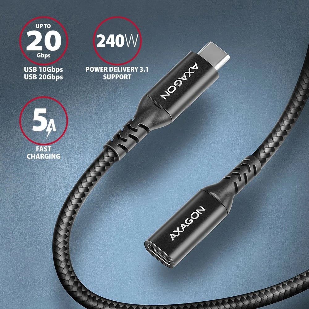 Kabllo zgjatuese USB-C AXAGON BUCM32-CF10AB, 1m, 20Gbps, 240W, e zezë