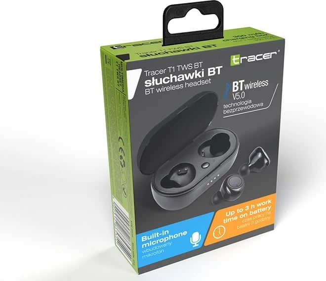 Kufje Tracer T1 TWS, Bluetooth, me mikrofon, karikues 300 mAh, të zeza