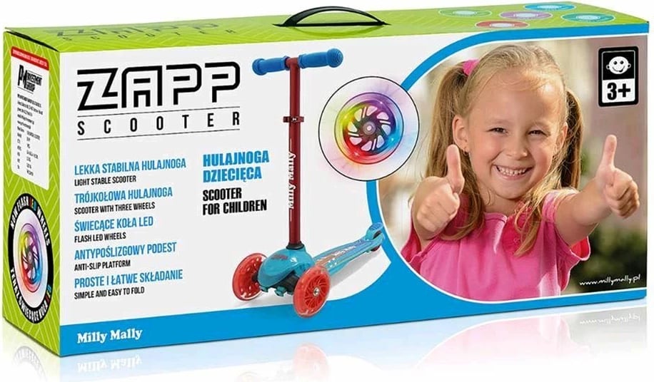 trotinet, Milly Mally, Zapp, 3 rrota, rrota me drita, timon i rregullueshëm 61-66 cm, deri 50 kg, jeshile