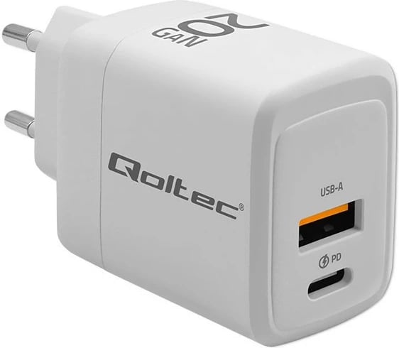 Karikues muri Qoltec 20W GaN, 1x USB-C PD, 1x USB QC 3.0, Bardhë