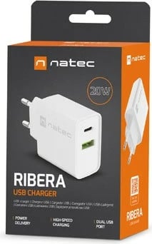 Karikues rrjeti Natec Ribera NUC-2061, 20W, 1x USB-A + 1x USB-C, Bardhë