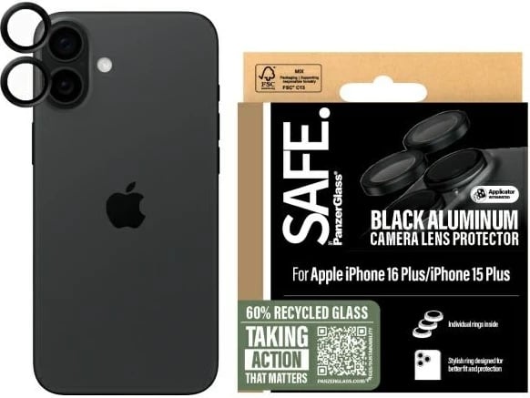 Mbrojtës lentash PanzerGlass SAFE për iPhone 16/16 Plus, i zi