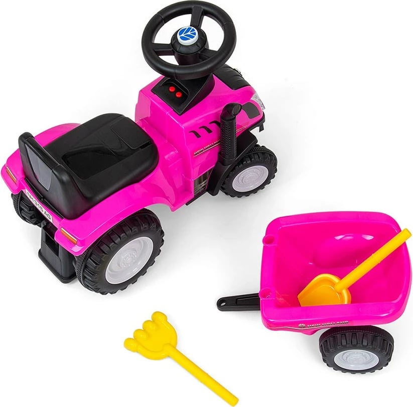 Traktor lodër ride-on me rimorkio, Milly Mally New Holland T7, me drita/tinguj dhe borie, 12-36 muaj, rozë