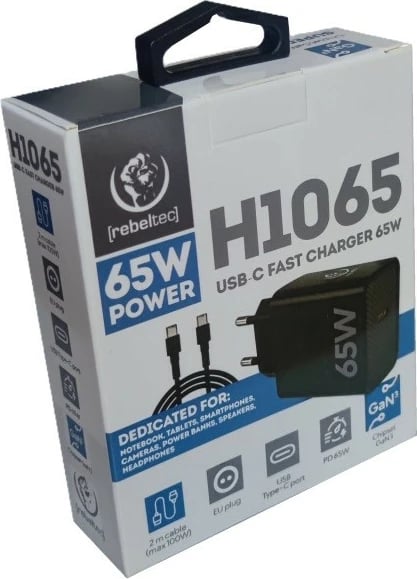 Karikues murali Rebeltec H1065 GaN3, 65W, USB-C, 2m, i zi