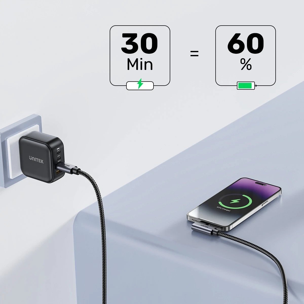 Kabllo Unitek USB-C me kënd 90° PD100W 0,5m, ngjyrë zi-hiri