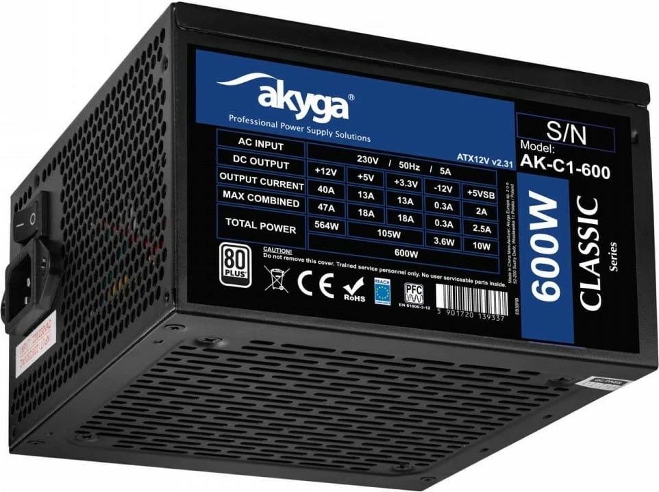 Kasë energjie AKYGA AK-C1-600, 600W, ATX, 80 PLUS, e zezë