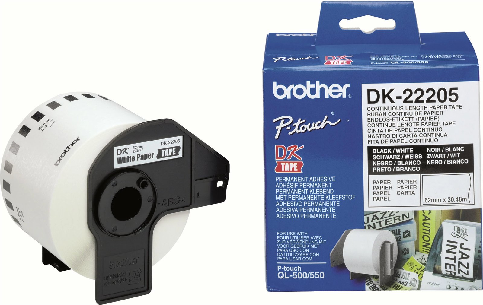 Letër etiketa Brother DK-22205, 62mm, e zezë mbi të bardhë, 30.48m