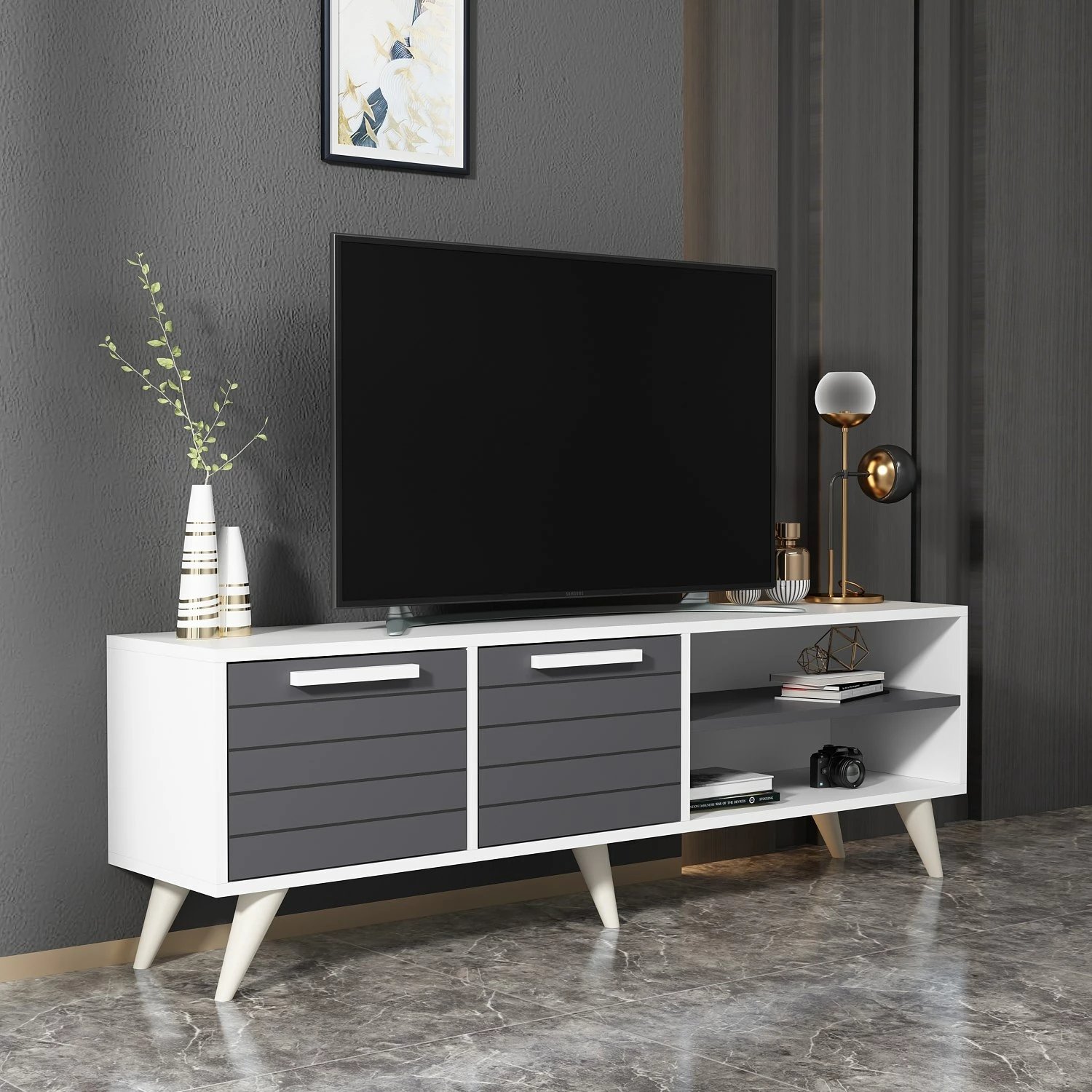 Komodë TV Skye Decor, e bardhë, antracit