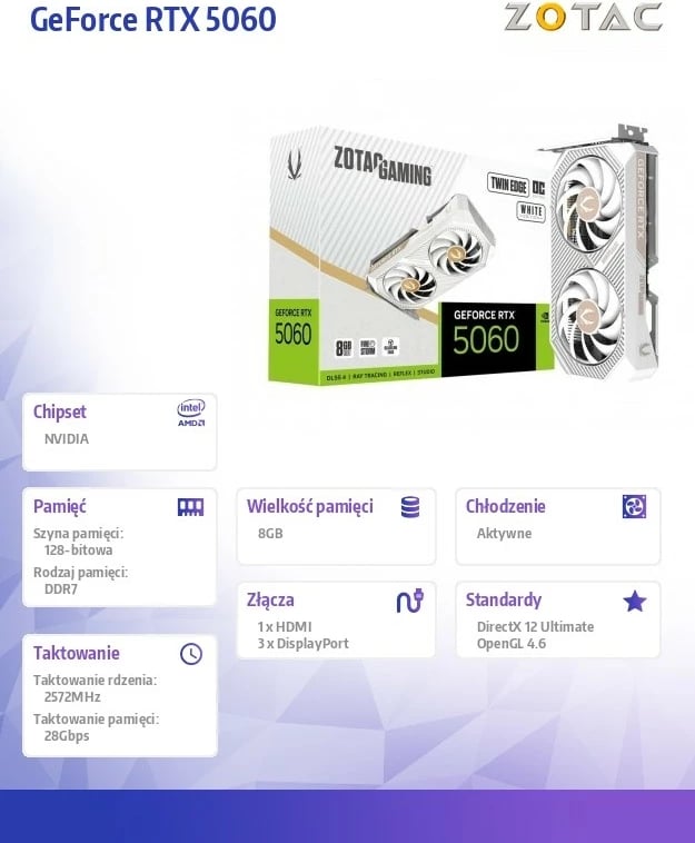 Kartë grafike, ZOTAC, GeForce RTX 5060 Twin Edge OC ZT-B50600Q-10M, 8GB GDDR7 128-bit, 3x DisplayPort/HDMI, PCIe 5.0 x8, e bardhë