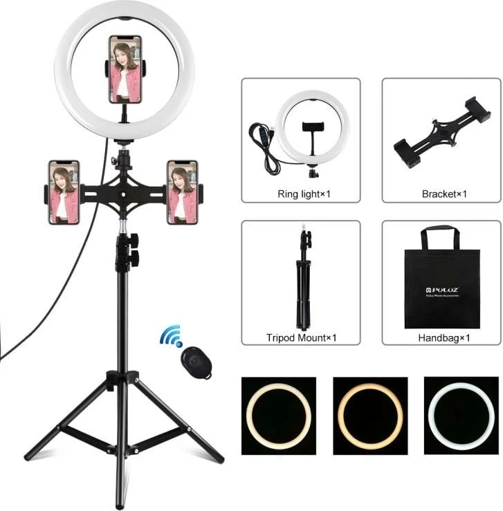 Ring light me tripod Puluz PKT3070B, 26cm, 1.1m, me mbajtëse të dyfishtë për telefon, 3 ngjyra ndriçimi