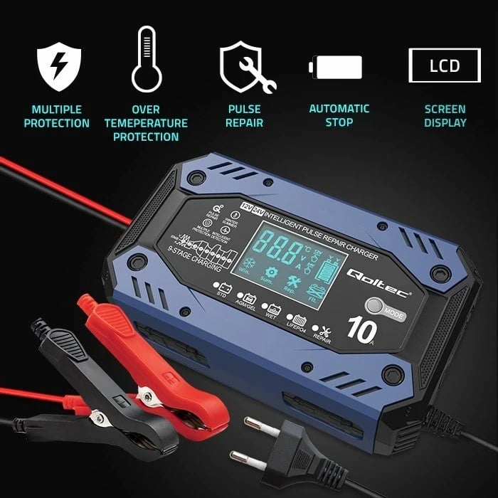 Karikues inteligjent Qoltec 52482, 12-24V, 10A, LCD, Blu