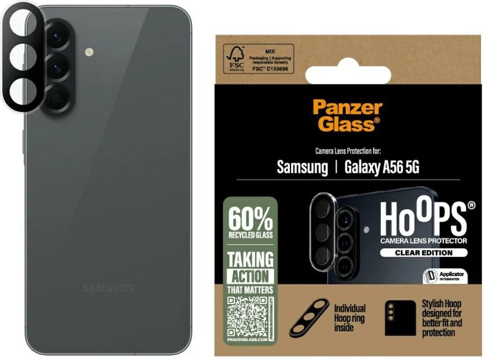 Mbështjellës kamerë PanzerGlass Hoops, për Samsung Galaxy A56 5G, xham i temperuar, Transparent