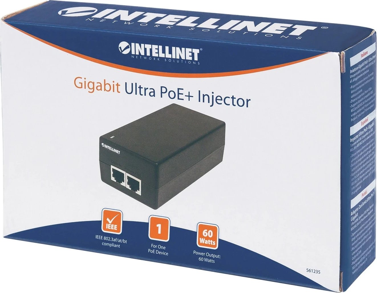 Injektori Ultra PoE+ Intellinet, Gigabit, 1 Port 60 W, i përputhshëm me IEEE 802.3bt dhe IEEE 802.3at/af, Shtëpi Prej Plastike