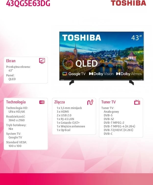 Televizor QLED Toshiba 43QG5E63DG, 43", Ultra HD/4K, Google TV, Dolby Vision, Dolby Atmos