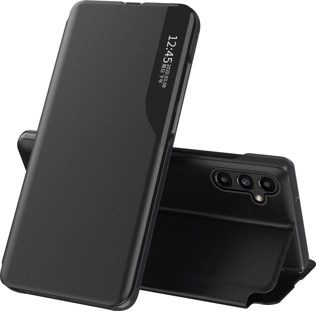 Mbështjellës Hurtel Eco Leather View Case për Samsung Galaxy A14, me kapak dhe qëndrim, i zi