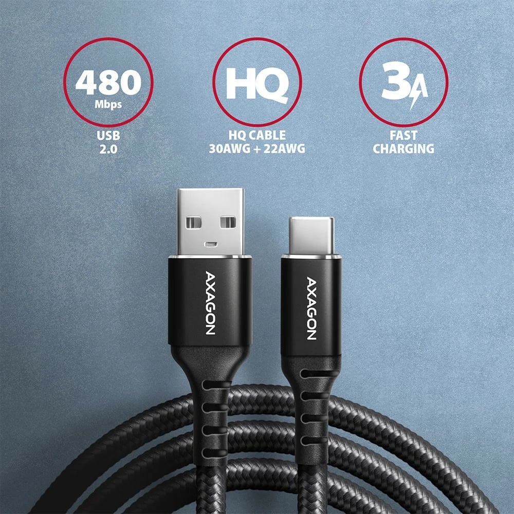 Kabllo AXAGON BUCM-AM20AB USB-C në USB-A, 2m, USB 2.0, 3A, e zezë
