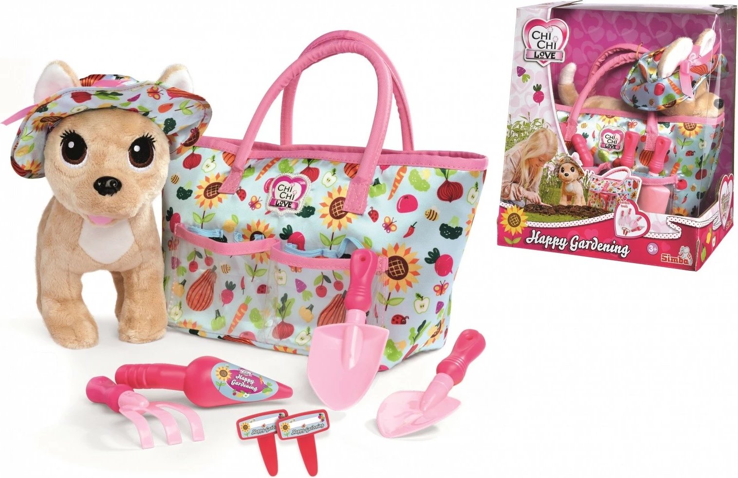 Lodër pelushi Chi Chi Love Puppy Mascot Happy Gardener me çantë dhe 6 aksesorë, shumëngjyrëshe