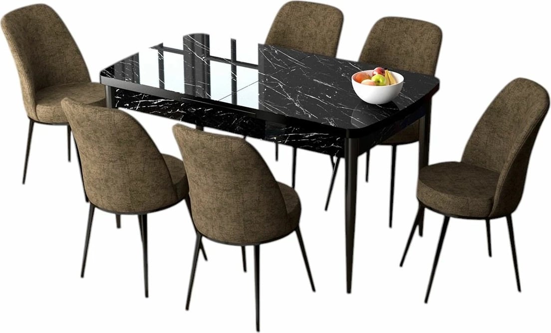 Set tavolinë me karrige, zgjatues, Skye Decor, mermer i zi, kafe, 7 copë