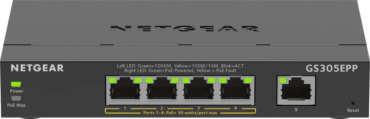 Switch Netgear GS305EPP-100PES 5 porta Gigabit, PoE+ 120W, e zezë