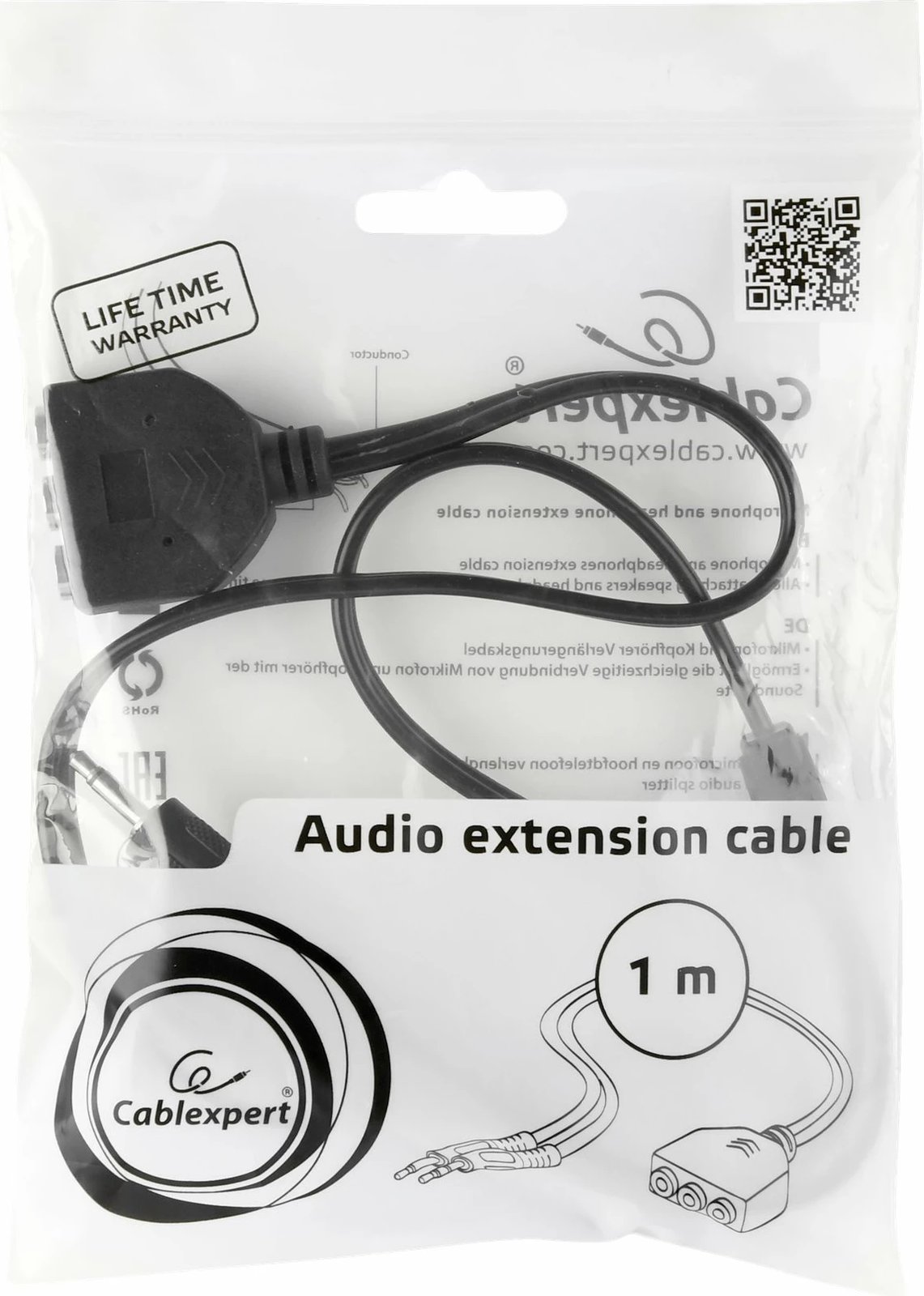 Kabllo zgjatuese audio Gembird CC-MIC-1, 1m, 3x 3.5mm femër, 2x 3.5mm mashkull, e zezë