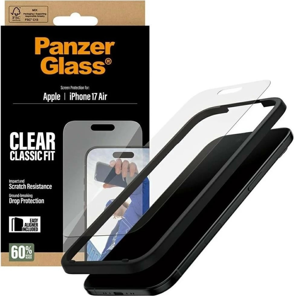 Mbështjellës xhami PanzerGlass Classic Fit EasyAligner për iPhone 17 Air, transparent