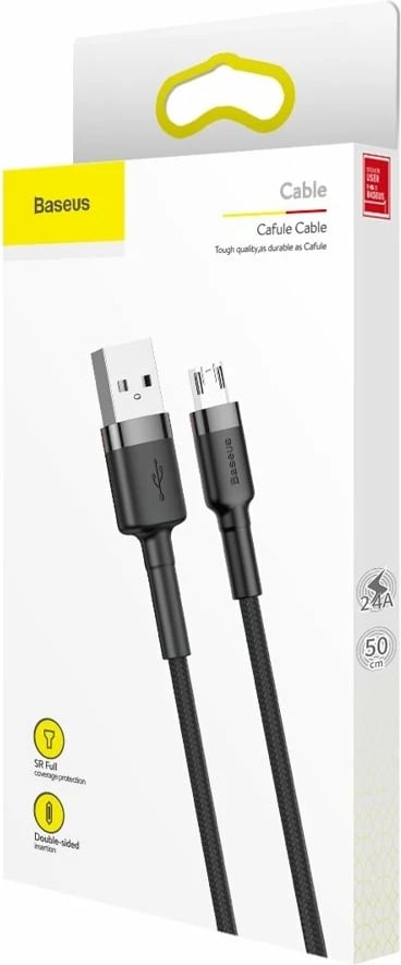 Kabllo Baseus Cafule CAMKLF-AG1, USB-A në micro USB, 0.5m, 2.4A, e zezë-gri