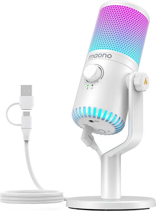 Mikrofon gaming Maono DM30RGB, kondensator, me ndriçim RGB, i bardhë