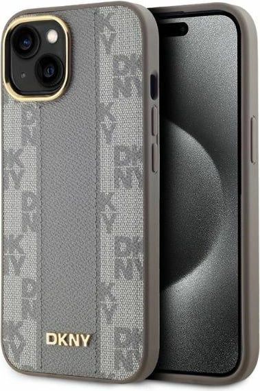 Mbështjellës DKNY Leather Checkered Mono Pattern MagSafe për iPhone 15, Bezhe