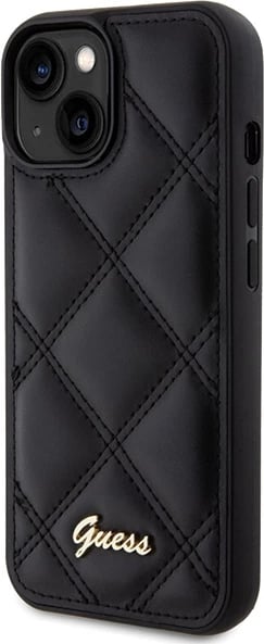 Mbështjellës Guess Quilted Metal Logo për iPhone 15, i zi