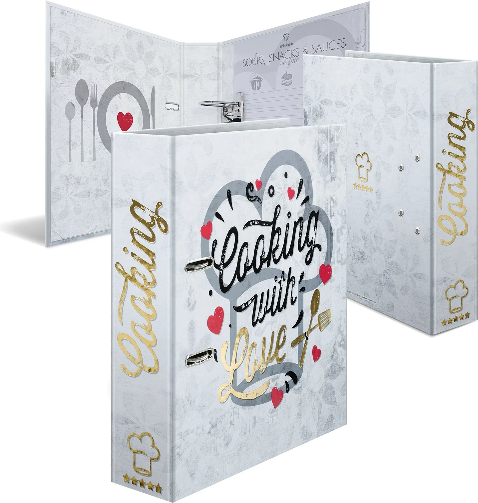Dosje organizuese HERMA Cooking with Love, A4, D-ring, karton, 7 cm, e bardhë/e kuqe/e artë