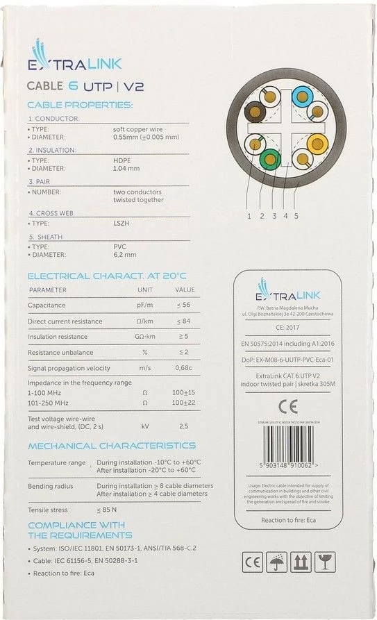 Kabllo rrjeti UTP Extralink Cat 6, 305m, Gri
