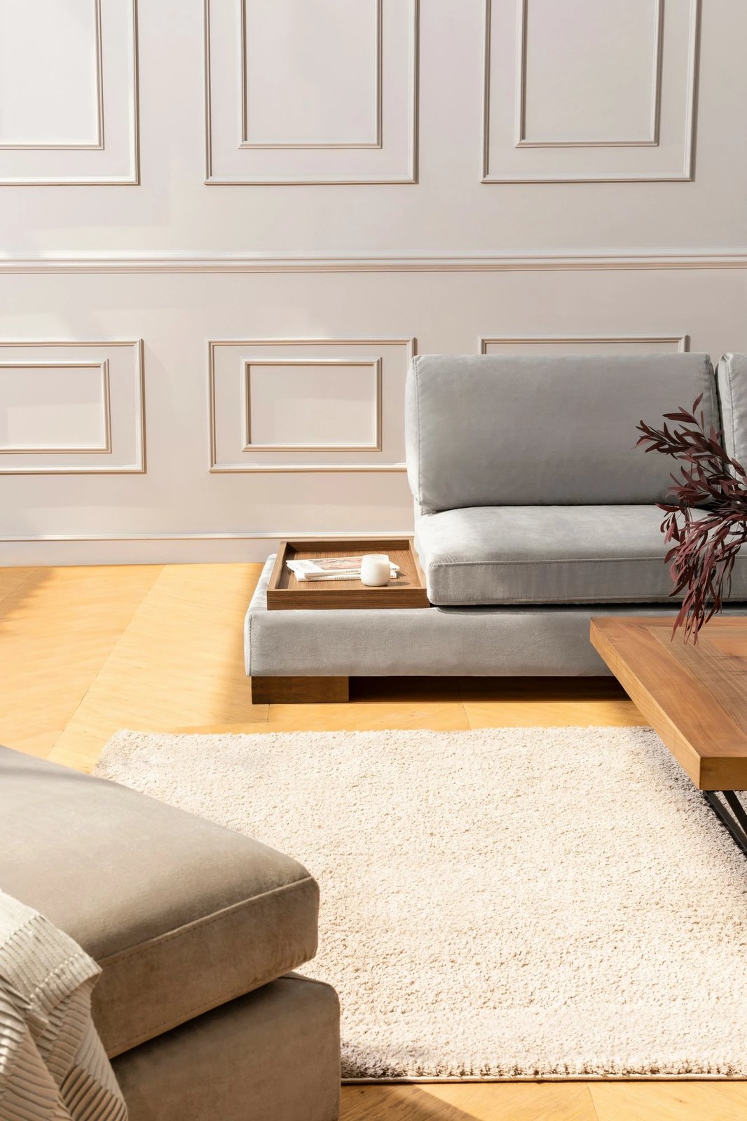 Këndare Atelier del Sofa Tulip, këndore e djathtë me pouf, ngjyrë gri e çelët