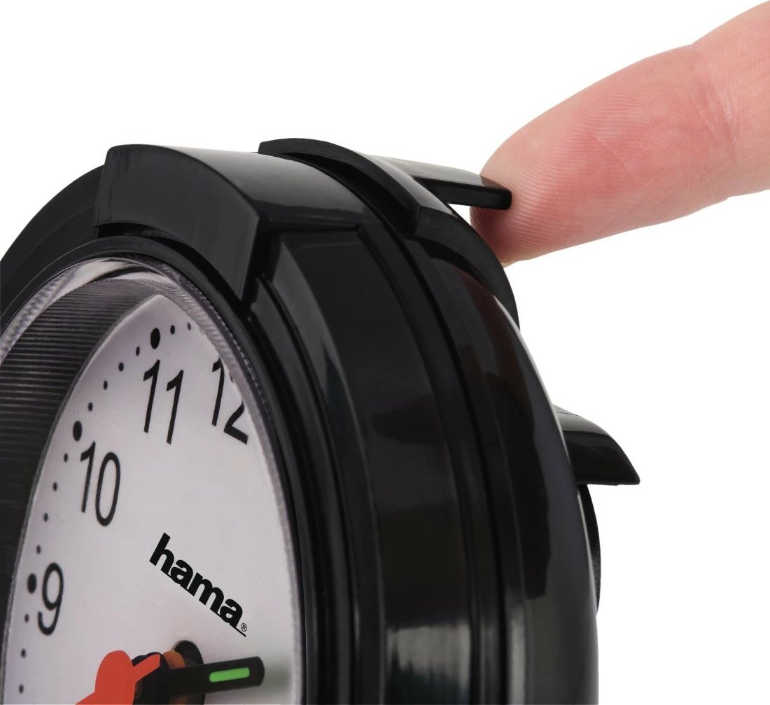 Orë alarmi analoge, Hama, 186335, mekanizëm i qetë me sekondar rrëshqitës, ekran i bardhë, bateri AA, e zezë