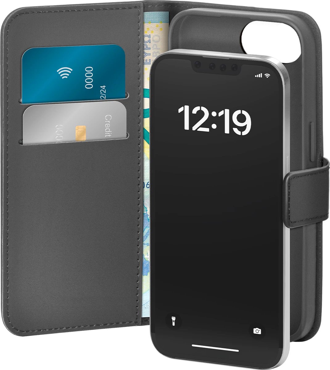 Mbështjellës Puro Booklet për iPhone 16e, eco-leather, me mbajtëse kartelash dhe qëndrim horizontal, e zezë