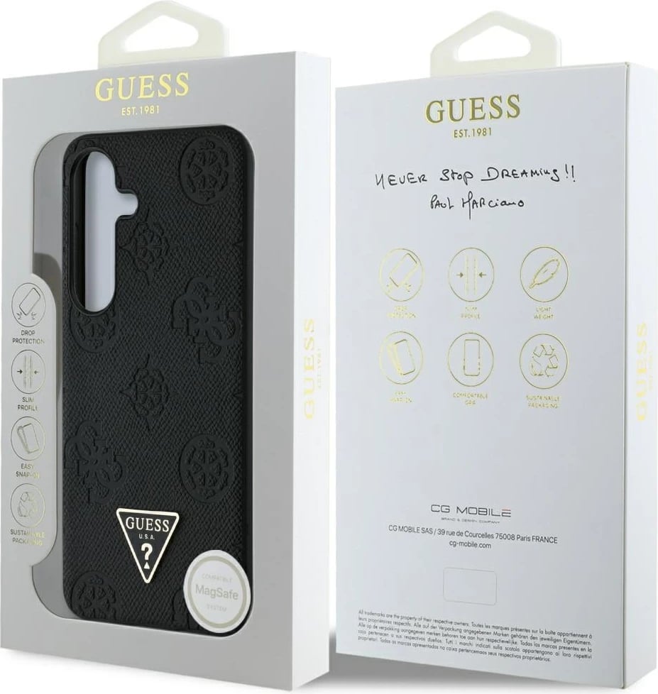 Mbështjellës Guess Grained Hot Stamp Peony Pattern Triangle Logo MagSafe për Samsung Galaxy S25, i zi