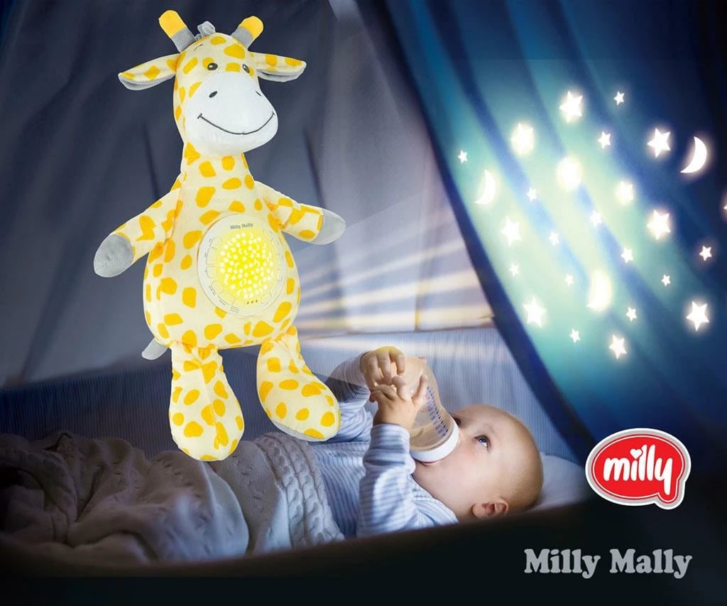 lodër plushe me projektor, Milly Mally, Giraffe, 10 ninulla, 5 zhurma të bardha, timer 30/60/90 min, shumëngjyrëshe