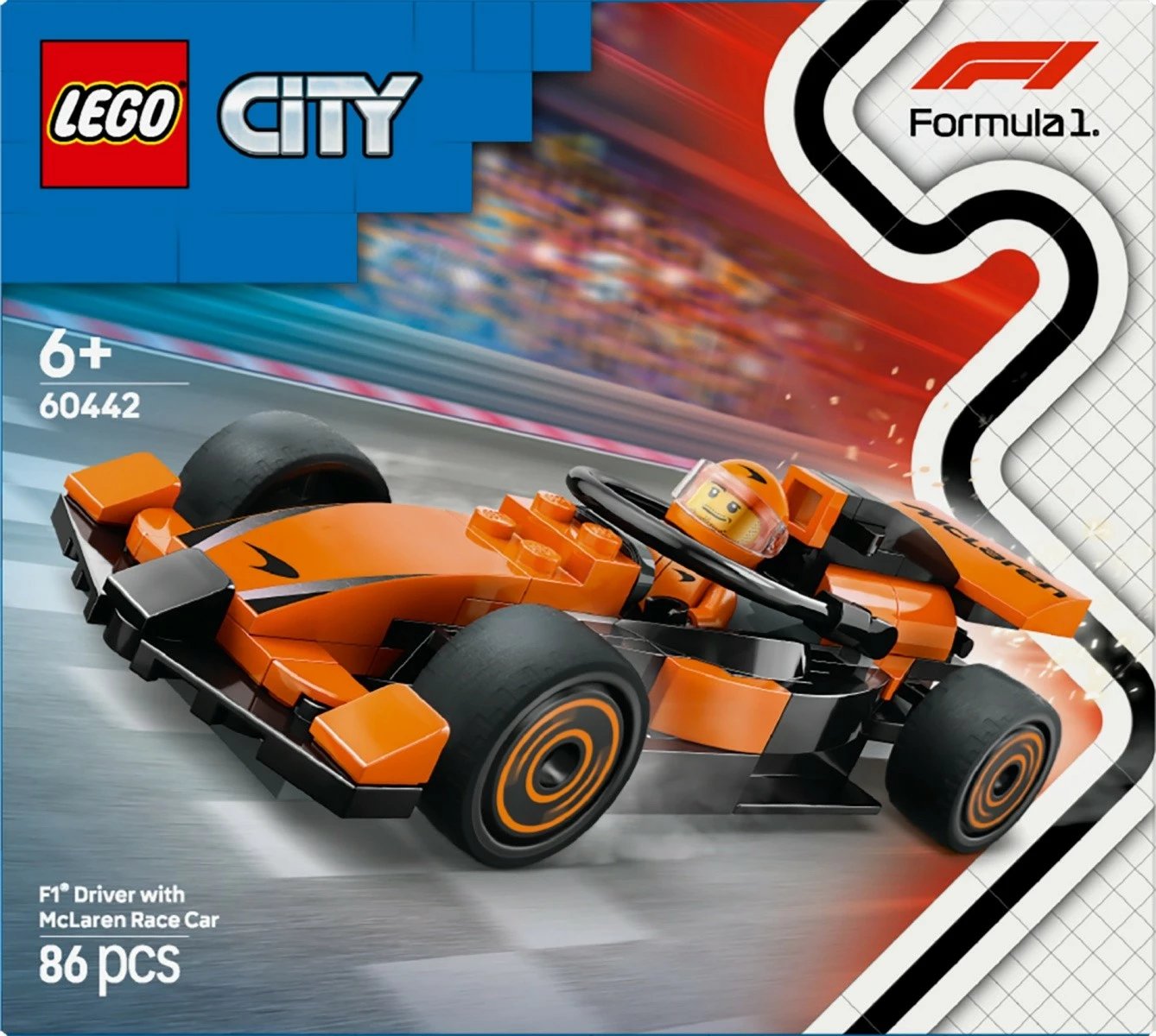 Set LEGO City 60442 F1 Driver me makinë McLaren, 86 pjesë, portokalli